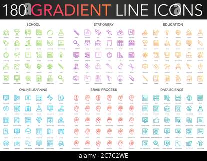 180 trendige Farbverlauf Stil dünne Linie Symbole Satz von Schule, Schreibwaren, Bildung, Online-Lernen, Gehirn-Prozess, Data Science Stock Vektor