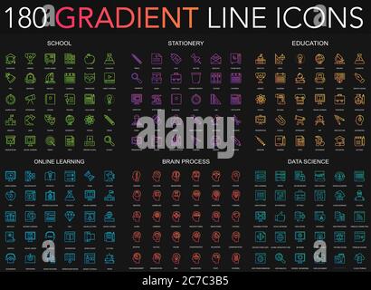180 trendy Gradient Stil dünne Linie Symbole Satz von Schule, Schreibwaren, Bildung, Online-Lernen, Gehirn-Prozess, Data Science isoliert auf schwarzem Hintergrund Stock Vektor