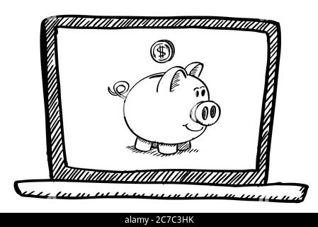 Cartoon-Stil Doodle von Notebook mit Dollarmünze fallen in Sparschwein. Handgezeichnete Vektorgrafik. Isoliertes Objekt auf transparentem Hintergrund. Stock Vektor