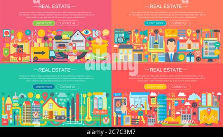 Immobilien horisontal Banner Konzept mit Verkauf und Vermietung Markt Wohnung Icons Vektor-Illustration gesetzt Stock Vektor