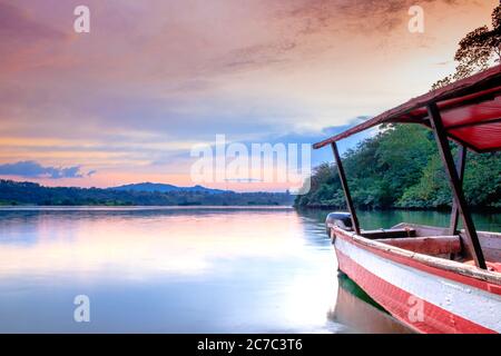 Blick auf den Fischer in Booten Angeln auf dem Victoria Nil, mit Bäumen wachsen und die Reflexionen auf dem Wasser, Jinja, Uganda, Afrika Stockfoto