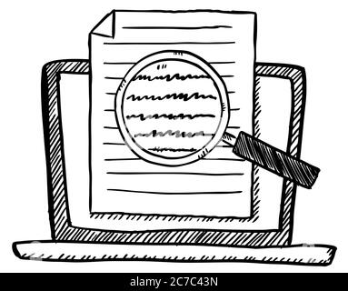 Cartoon-Stil Doodle von Notebook mit Notiz-Datei auf dem Bildschirm und Lupe. Handgezeichnete Vektorgrafik. Stock Vektor