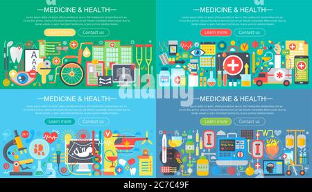 Medizin und Gesundheit horisontal flach Konzept Design Banner Set. Kräuterbehandlung, Gesundheit, Homöopathie, Apotheke, Medizinische Tests, Medikamente und Pillen Vektor Illustration Stock Vektor