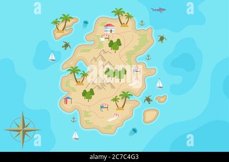 Pirate Fantasy Cartoon Insel Karte. Vector Treasure Island Stock Vektor