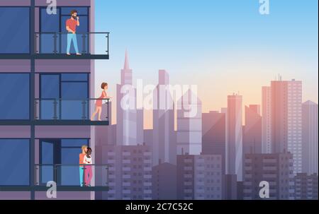Wohnung Balkon in modernem Haus mit ruhenden Menschen in Sonnenuntergang. Urban Sityscape Wolkenkratzer Hintergrund Cartoon Vektor Illustration Stock Vektor