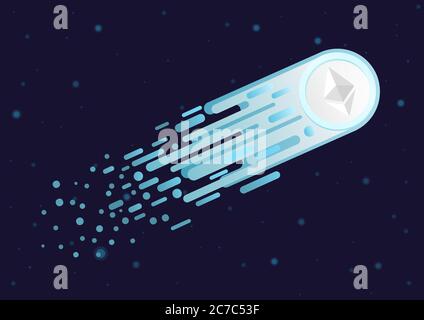 Komet mit dem krypto-Symbol des ätherums, das im freien Raum auffliegt. Abbildung des steigenden Vektors für Kryptowährungsmärkte Stock Vektor