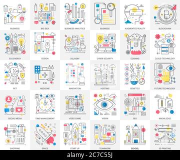 Zukunftstechnologie, Business, Cyber Security, Wissen, Online-Bildung, Management, Teamwork, Social Media, Hosting, Shopping, Cloud-Daten, Startup-Konzept komplexe Flat Line Vektor-Icons gesetzt Stock Vektor