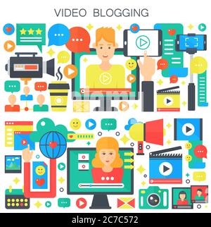 Video-Blogging, Webinar-Bildung, männlich und weiblich Blogger Konzept flache Vektor-Illustration Stock Vektor