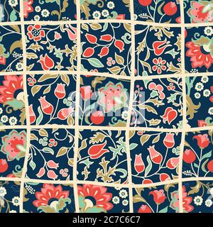 Nahtlose abstrakte bunte Patchwork-Muster aus Blumen im Folk-Stil. Vintage-Deko-Elemente. Handgezeichneter Hintergrund in Retro-Farben. Vektor Stock Vektor