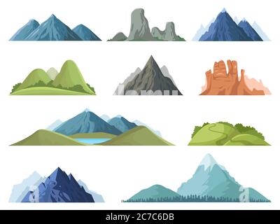 Rocky Mountains. Berggipfel im Freien Landschaft, Winter Gipfel, Hügel mit Bäumen, Wandern Bergtal Landschaft Vektor-Illustration Set Stock Vektor