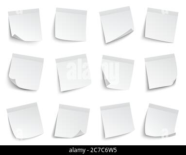 Notieren Sie sich die Papieraufkleber. Weiße leere Notizpapiere, klebrige Papierblätter, Business Post-it Notes Vektor-Illustration Set Stock Vektor
