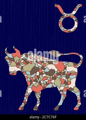 Sternzeichen Stier füllen mit bunten gedämpften Mosaikformen auf dem dunkelblauen Hintergrund mit astrologischen Symbolen, Vektorgrafik Stock Vektor