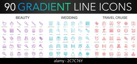 120 trendy Gradient Vektor dünne Linie Symbole Set von Schönheit, Hochzeit, Reise Kreuzfahrt. Icon Stock Vektor