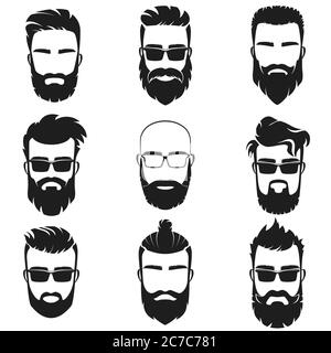 Bärtig stilvolle Hipster Männer Gesichter mit verschiedenen Frisuren Stil, Schnurrbärte, Bärte, schwarze Sonnenbrille Avatar, Emblem, Label Vektor Illustration Stock Vektor