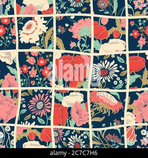 Nahtlose abstrakte bunte Patchwork-Muster aus Blumen im Folk-Stil. Vintage-Deko-Elemente. Handgezeichneter Hintergrund in Retro-Farben. Vektor Stock Vektor