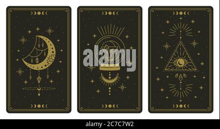 Magische Tarot-Karten. Magische okkulte Tarot-Karten, esoterische Boho spirituellen Tarot Leser Mond, Kristall und magische Auge Symbole Vektor-Illustration-Set Stock Vektor