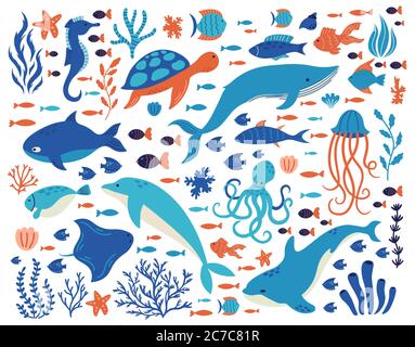 Doodle Unterwasser Tiere. Meeresbewohner, handgezeichnete Meeresbewohner, Delphin, Wal, Schildkröte, Oktopus, Korallen, Meerpflanzen Vektor-Illustration-Set Stock Vektor