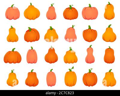 Halloween Herbst Kürbisse. Cartoon traditionelle Dekoration, Urlaub orange Kürbis, oktober Halloween Ernte isoliert Vektor-Illustration Symbole gesetzt Stock Vektor