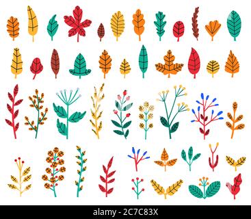 Herbstlaub. Herbst Wald Blätter und Beeren, gemütliche Doodle florale Kräuter, Wildblumen, botanischen Baum Laub isoliert Vektor-Illustration Set Stock Vektor