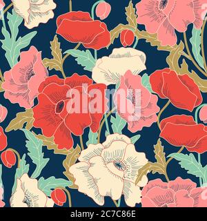 Nahtlos buntes Blumenmuster mit Mohnblumen. Blumenschmuck kann für Tapete, Textil, Einladung, Grußkarte, Web-Seite Hintergrund verwendet werden. Stock Vektor