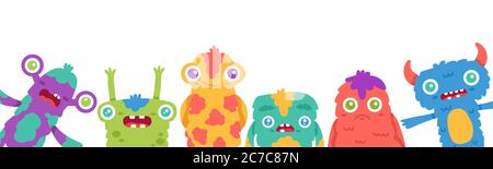 Cartoon Monster Hintergrund. Halloween Cartoon niedlichen Monster Maskottchen, flauschige Kreatur, lustige Alien Grußkarte oder Banner Vektor Illustration Stock Vektor