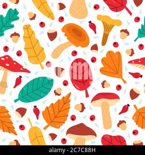 Herbst Blätter nahtloses Muster. Handgezeichnete Wald Herbst Beeren, Eicheln und Pilze, gemütliche Doodle botanischen Vektor Hintergrund Illustration Stock Vektor