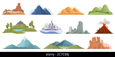 Berggipfel. Schnee Eis Gipfel, grüne Hügel und Vulkan Außenlandschaft, Wandern, Klettern Bergtal Ansicht Vektor-Illustration Set Stock Vektor