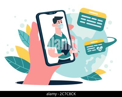 Medizinische Online-Beratung. Therapeut Beratung Chat auf Smartphone-Bildschirm, online medizinische Internet-Klinik Assistenz-Service, Vektor-Illustration Stock Vektor