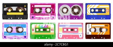 Audio-Aufnahmbänder. Retro 90s Musikkassette, vintage Musik Mix Audio-Kassette, 80s Audio-Band isoliert Vektor Illustration Icon set Stock Vektor
