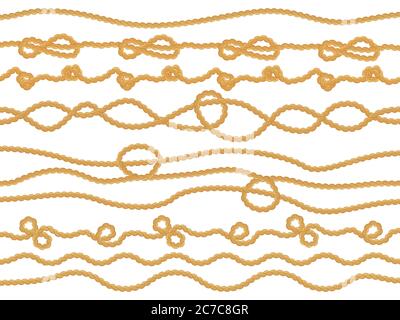 Seilschlaufen. Navy Knoten dekorative Bordüren, Yacht rund nautischen Kordel verdreht Knoten, Seeschiff Kordel Trennwand isoliert Illustration Icons Set Stock Vektor