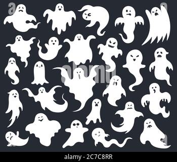Halloween Horror Geist. Gruselige gruselige Geister, Geist lustig niedlichen Charakter, Phantom geisterhaft halloween Maskottchen Vektor Illustration Set Stock Vektor