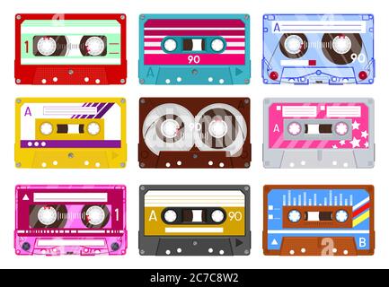 Retro-Audiokassette. Vintage Audio-Band, 90er Musikkassette, analoge 80s Stereo Audiocassette isoliert Vektor Illustration Icon set Stock Vektor