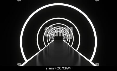 Abstrakter Hintergrund glühende Linien Tunnel, Neonlichter, weiß runden Ring Portal. 3D-Rendering-Bild Stockfoto