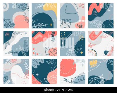 Handgezeichnete Hintergründe. Doodle trendy abstrakte Blumenplakate, Social Media Banner, kreative zeitgenössische ästhetische Vektor Illustration Set Stock Vektor