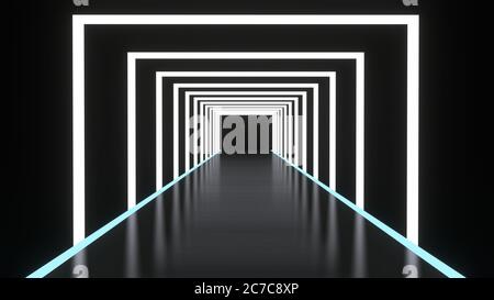 Abstrakter Hintergrund glühende Linien Tunnel, Neonlichter, quadratisches Portal, weiße Farbe. 3D-Rendering-Bild Stockfoto