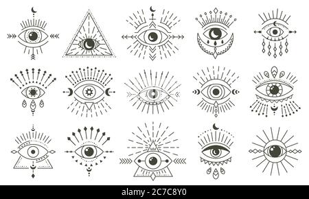 Böse Kritzelauge. Handgezeichnete magische Hexerei Auge Talisman, magische esoterische Augen, Religion heilige Geometrie Symbole Vektor-Illustration Symbole gesetzt Stock Vektor