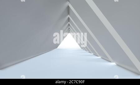 Abstrakter Hintergrund leer lange Licht modernen Korridor, weiß dreieckigen Tunnel. 3D-Rendering-Bild Stockfoto