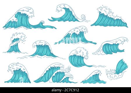 Meereswellen. Ozean Hand gezeichnet Wasserwelle, vintage Sturm Tsunami Wellen, tobende marine Wasserwelle isoliert Vektor-Illustration Symbole gesetzt Stock Vektor