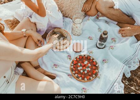 Nahaufnahme einer Picknickdecke mit vier Personen, die um eine Schüssel, einen Kuchen und eine Flasche sitzen Stockfoto