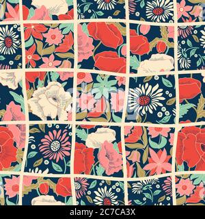 Nahtlose abstrakte bunte Patchwork-Muster aus Blumen im Folk-Stil. Vintage-Deko-Elemente. Handgezeichneter Hintergrund in Retro-Farben. Vektor Stock Vektor