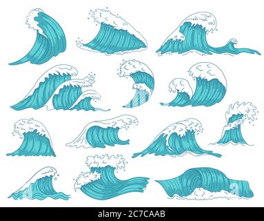 Ozeanische Wellen. Meer Hand gezeichnet Tsunami oder Sturmwellen, marine Wasserschaft, Ozean Strand Surfen Wellen isoliert Vektor Illustration Symbole gesetzt Stock Vektor