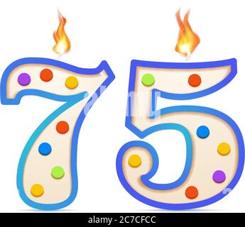 Fünfundsiebzig Jahre Jubiläum, 75 numerförmige Geburtstagskerze mit Feuer auf weiß Stock Vektor