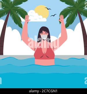 Mädchen Cartoon mit Bikini und medizinische Maske auf dem Meer Vektor-Design Stock Vektor