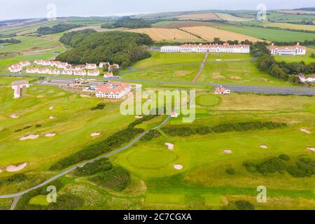 Luftaufnahme von der Drohne des Ailsa-Golfplatzes auf dem Trump Turnberry-Golfplatz in Ayrshire, Schottland, Großbritannien Stockfoto