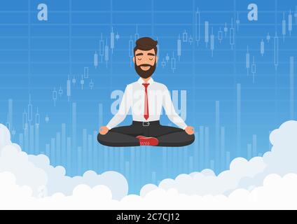 Geschäftsmann Händler meditieren in den Himmel. Meditative Geschäftsmann entspannen über Wolken mit Börse Diagramm-Charts Hintergrund Vektor Illustration Stock Vektor