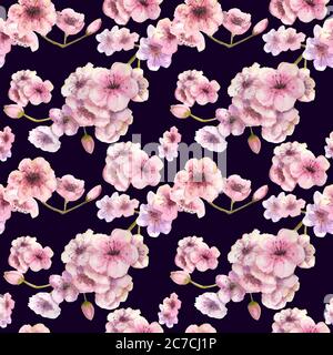 Nahtloses Muster. Kirschfarbe. Sakura Zweig mit rosa Blüten. Bild des Frühlings. Rahmen. Aquarelldarstellung. Designelement. Stockfoto