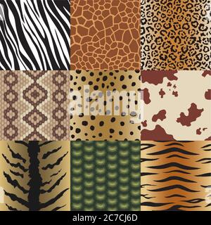 Nahtlose Tier Haut Muster Set. Safari Textil Giraffe, Tiger, Zebra, Leopard, Reptil, Kuh, Schlange und jaguar Hintergrund Sammlung Vektor Illustration Stock Vektor