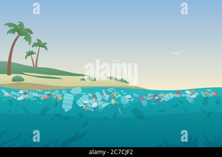 Meeresmüll in verschmutztem Wasser. Schmutziger Ozeanstrand mit Müll und Plastik auf Sand und unter Wasser Oberfläche Vektor-Illustration Konzept Stock Vektor