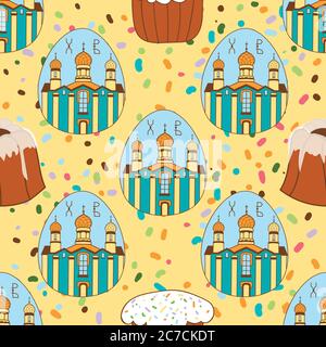 Nahtloses Muster mit Osterkuchen, bemalten Eiern. Frohe Ostern. Festlicher Hintergrund. Design für Banner, Poster oder Print. Stock Vektor