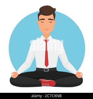 Geschäftsmann sitzt in Yoga Lotus Pose Vektor Illustration. Meditation des Büromenschen Stock Vektor
